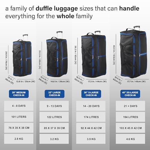 Aerostar 36" XL Extra Large Lightweight Duffle 3 Wheel Travel Bag Holdall Suitcase Check-in Luggage All Terrain (174L, Blue on Black) — view 6