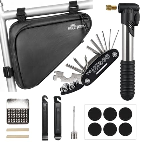 NDakter Bike Frame Bag with Repair Kit: Bicycle Tool Kit with Pump & 16-in-1 Multitool, Emergency Cycling Accessories for Mountain and Road Bikes