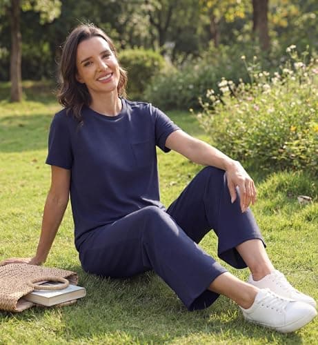 GRECERELLE Airport Two Piece Travel Outfits Set for Women Summer Short Sleeve Casual Crew Neck Tracksuit Womens Full Set Cap Sleeve Tops and Jogging Bottoms with Pockets (Navy Blue, L) — view 5