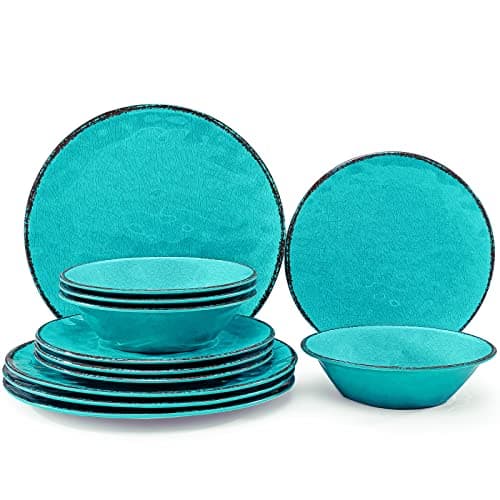 LEHAHA Rustic Melamine Dinnerware Sets, 12-piece Dishes Plastic Dinnerware Set for 4, Break-resistant Plates and Bowls Set, Outdoor Casual & Party Use Kitchen Dishes Set, Teal… — view 6