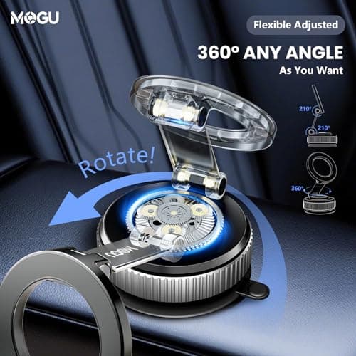 MOGU Vacuum Magnetic Car Phone Holder, 360° Adjustable Foldable Dash Panel/Windshield Mount with Strong Suction Cups for iPhone 17-12 Series, Compatible with MagSafe — view 5