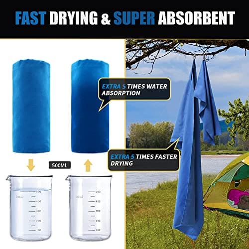 Microfiber Travel & Sports Towel Set - Quick Dry, Super Absorbent, Compact, Lightweight - for Camping, Backpacking, Hiking, Beach, Yoga, Swimming - Includes 2 Sizes + Carrying Bag & Clip (Blue) — view 4