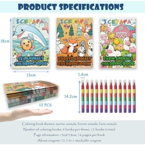 ICEPAPA, 12 colouring books for children and 12 crayons (7 colors in 1), mini colouring books for party bags, perfect for travel activity packs for kids and party bag fillers for kids unisex — view 6