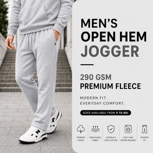 LABEL APPAREL Men's Fleece Open Hem Joggers 290 GSM Heavy Weight Sweatpants Warm Winter Bottoms Lined Casual Tracksuit Pants Jogging Trousers with Zip Side Pockets Pluse Size S-8XL (XL, Grey) — view 3
