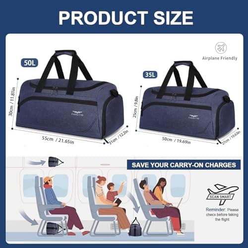 FIORETTO 50L Mens Sports Gym Bag with Wet Pocket & Shoe Compartment,Travel Duffle Bag Overnight Bag with Padded Shoulder Strap, Water-Resistant Sports Holdall for Swimming, Basketball Navy — view 4