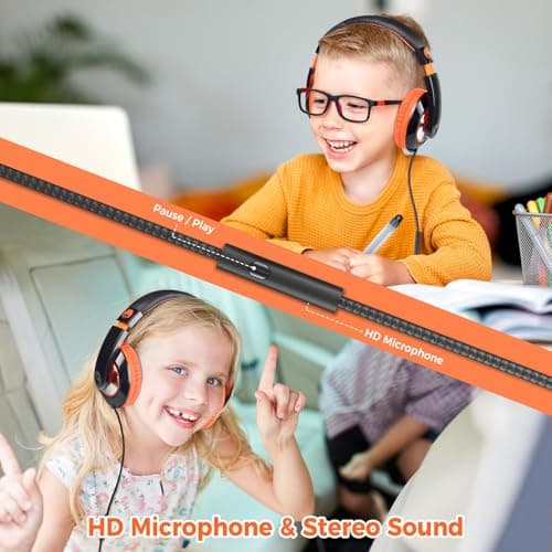 Rockpapa Comfort+ Kids Headphones, Over Ear Wired Headphones for Kids Children Adult with Microphone, Stereo Sound, Adjustable Head phones for School/Travel/Phone/PC/MP3-Black Orange — view 5