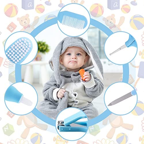 VicBou 8pcs Baby Grooming kit, Newborn Baby Care Accessories with Zipper Box, Baby Hair Nail Thermometer Care Set, Baby Healthcare Set for Newborn Infant, Toddler Girls & Boys (Blue) — view 3