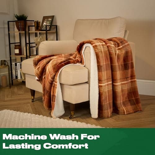 OHS Fleece Blanket Burnt Orange Throw, Super Soft Warm Super Soft Cosy Warm Winter Felix Tartan Flannel Throw Blanket for Bed Couch Reversible Sherpa Fleece Blanket Autumn Throw, Rust - 130 x 160cm — view 2