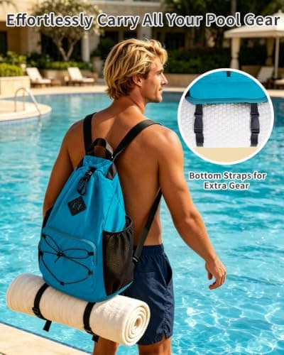 WANDF Drawstring Gym Bag Swim Bag with Removable Wet Pocket, Sandproof Beach Backpack with Compression Strap for Mat for Pool, Travel, Workout Gear (Teal) — view 3