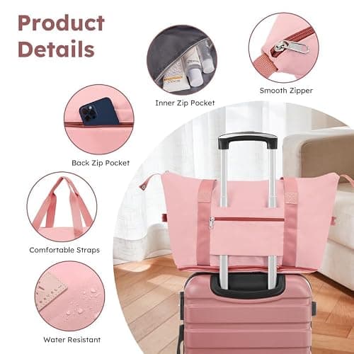 Suitour Carry On Luggage Set 22x14x9 Airline Approved Luggage Sets 4 Piece, ABS Hardside 20inch Suitcase with 360°Spinner Wheels Lightweight Travel Suitcase Sets, Rose Gold, 4-Piece Set(20+Bags+Makeup — view 3