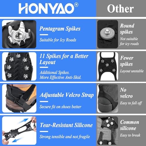 HONYAO Crampons, Ice Cleats for Shoes and Boots, Snow Grips for Men Women, Silicone Stainless Steel Ice Grips for Winter Walking Hiking Outdoor Fishing, Grippers Shoe Spikes Grips Traction, M — view 2