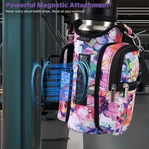 icolor Gym Magnetic Bag Water Bottle Carrier Holder with Strap & Phone Pockets, Diameter 3.9" Magnetic Gym Bag 5 Built-in Magnets Gym Accessories Organizer Pouch Sling Sleeve (Neoprene, Color-Flower) — view 2