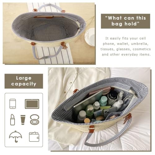 Pahajim Large Tote Bag with Zip Beach Bags for Women Straw Handbag Hand Woven Shoulder Bag for Travel, Holidays and Shopping — view 5