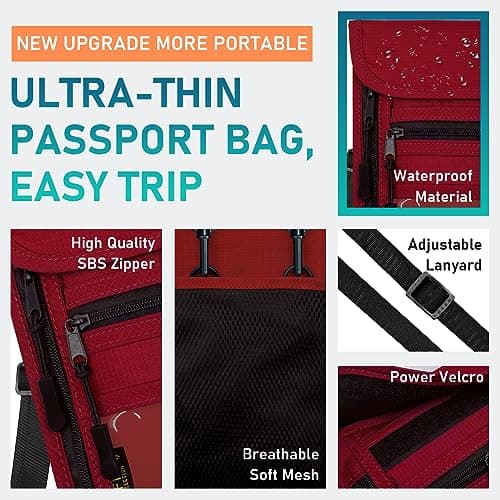 sundee Travel Neck Wallet with Double Zippers, RFID Blocking Passport Holder with Adjustable Neck Strap for Men and Women to Keep Cash, Credit Cards and Travel Documents Safe, Red, Small, Classic — view 3