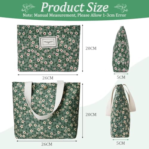 Aucuu Floral Canvas Cosmetic Bags, 2 Pcs Rose Flower Printing Corduroy Toiletry Bag, Multifunctional Travel Makeup Bag With Metal Zipper for Women Girls Gift - Green Flower — view 2
