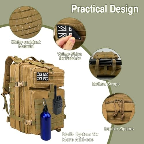 WOLT | Tactical Backpack for Men 45L Military Backpack Large 3 Day Molle Assault Pack Rucking Backpack for Survival Hiking, Khaki — view 3