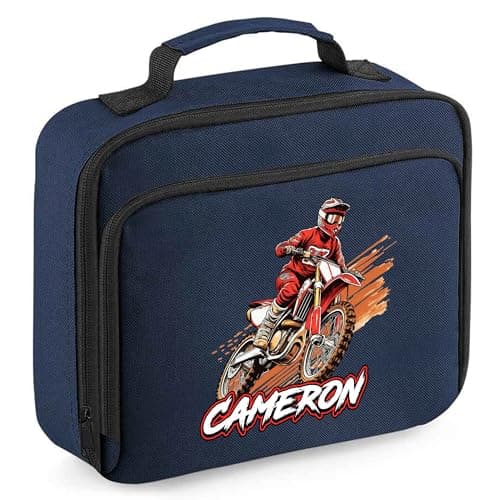 Red Personalised Dirtbike Lunch Bag for Kids Off Road Motorbike Back to School Nursery Lunchbox, 24cm x 20cm x 8cm, Navy