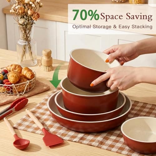 GIPP 21PCS Pots and Pans Set Non Stick,Nonstick Cookware Set Detachable Handle,Pots for Cooking Non Stick with Removable Handle,RV Cookware Set,PFAS PFOA Free(Red Gradien,21PCS) — view 3