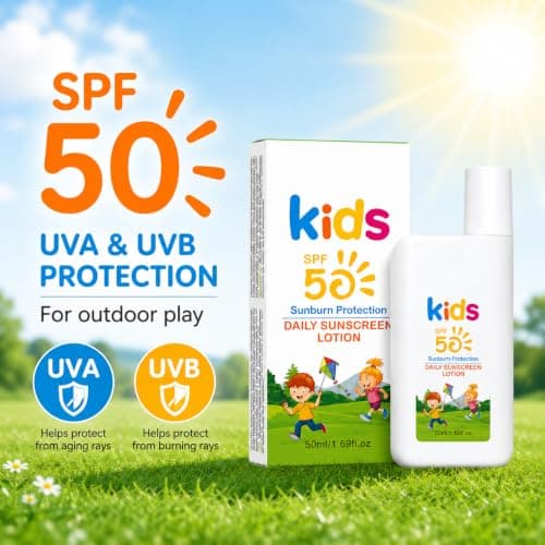 Kids Sunscreen Lotion SPF 50 - Travel Sun Cream for Outdoor Play, Lightweight Sun Protection Factor 50 with Calendula & Coconut Oil, UVA/UVB Protection,No White Cast Formula 50 ml — view 2