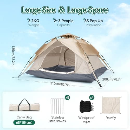Warmiehomy 2-3 Man Pop Up Tent Double Layer, Cream — view 5