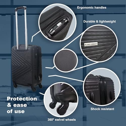 Planet Direct Cabin Suitcase (55x36x23cm) | Hard Shell Lightweight Suitcase | 3-Digit Lock | 4 Spinner Wheels | Telescopic Handle | Carry On Luggage (Black) — view 2