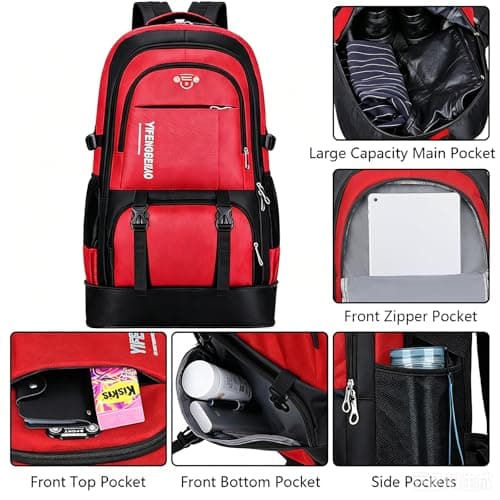Wesoke 65L Hiking Backpack Expandable Travel Hiking Daypacks, Large Camping Backpack for Men Women, Foldable Lightweight Outdoor Sport Backpacking Backpack for Climbing Touringr, Red — view 5