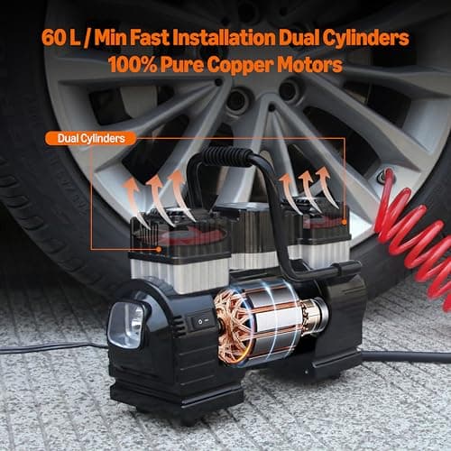 Amazon Basics Portable Digital Air Compressor, Heavy Duty Tyre Inflator with 12V DC Dual Cylinder, 120 PSI, 60L/Min, Auto Shut-Off, LED Light, 5M Hose, Battery Clamps, Carrying Case, Black/Red — view 2