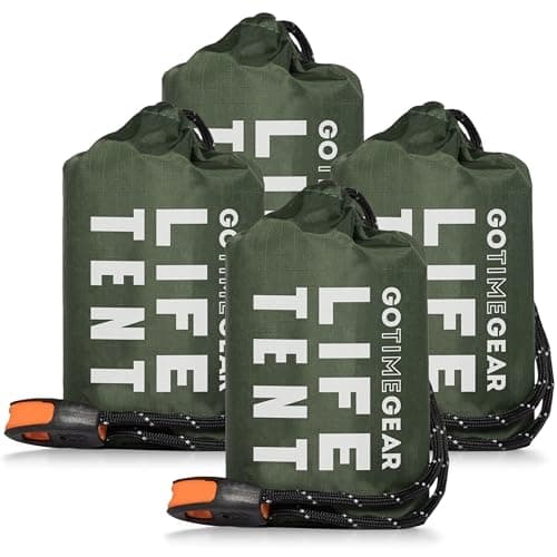 Go Time Gear Survival Life Tent • 2 Person Mylar Emergency Shelter Tube Tent + Paracord • All-Weather Protection for Camping, Hiking, & Survival Kits • Includes Emergency Whistle • 4PK Green