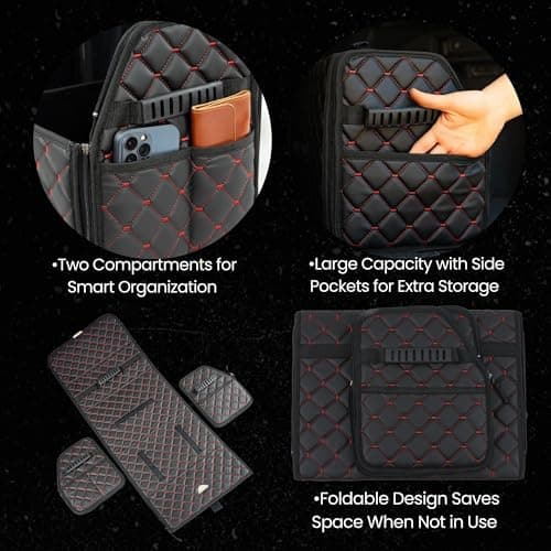 GOSOYO Leather Car Trunk Storage with Lid, Foldable Car Organizer, Boot Storage with Pockets and Dividers, Boot Organizer, Non-Slip Design (Red-Black) — view 4