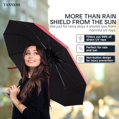TANNESS Windproof Umbrella – 10-Rib Waterproof & Compact with Automatic Open/Close Function and Ergonomic Handle – Folding Mini - Strong for Wind and Rain (Red) — view 4