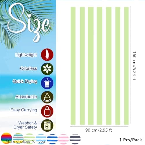 Large Microfibre Beach Towel for Adult,160x90cm Double Side Green Striped Sand Free Beach Towel,Lightweight Quick Dry Travel Swim Towel with Bag,Compact and Thin Sports Towel Yoga Gym for Women Men — view 2