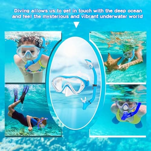 Snorkeling Gear for Kids with Foldable Silicone Full Dry Snorkel, Kids Snorkel Set Anti Leak Youth Junior Snorkeling Package Diving Mask Soft Tube with Mesh Bag Swimming Goggles, Sky Blue — view 4