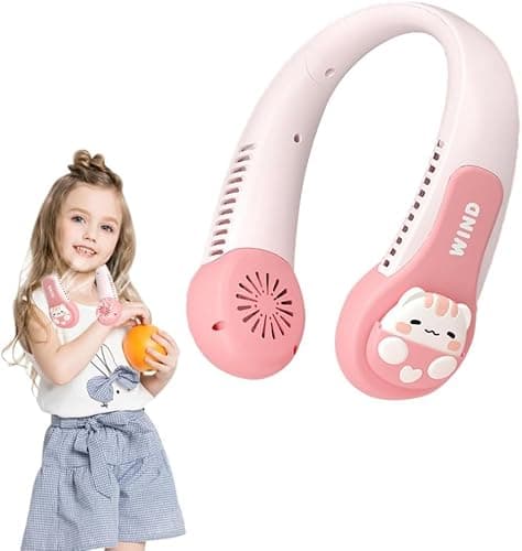 GINGER TECH Portable Neck Fan for Kids, 1800mAh Cartoon Bladeless Neck Fan for Girls, 3 Speed Adjustable, USB Rechargeable Wearable Neck Cooler for Kids Girls Students Outdoor Indoor