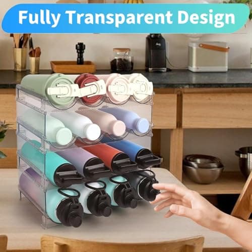 KAHEIGN 4Pcs Water Bottle Organizers, 39CM x 21CM Clear Stackable Tumbler Storage Rack Plastic Water Bottle Holder for Fridge Kitchen Cabinet Pantry Wine Bottles Mug Cup Drink (Hold 16 Bottles) — view 6