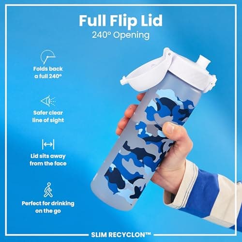 ION8 Water Bottle, 500ml/18oz, Slim Leak Proof & BPA-Free Drinking Bottle, Secure Lock Prevents Spills, Dishwasher Safe, Carry Handle, Ideal for Adults & Kids - Travel, Gym & School, Camouflage Design — view 4