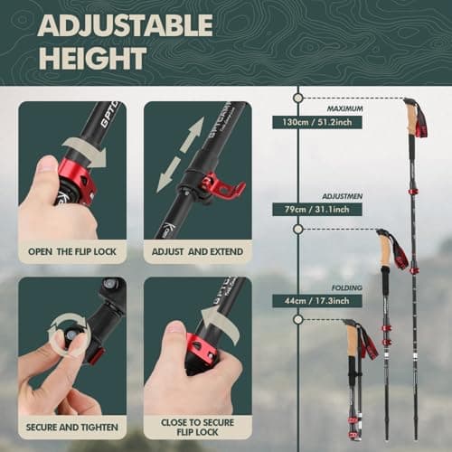 GPTCAMP Walking Sticks,Trekking Poles Collapsible Hiking Poles,Lightweight Folding Travel Walking Pole for Men Women,2pc Adjustable Hiking Stick with EVA Foam Grips for Backpacking,Red — view 3