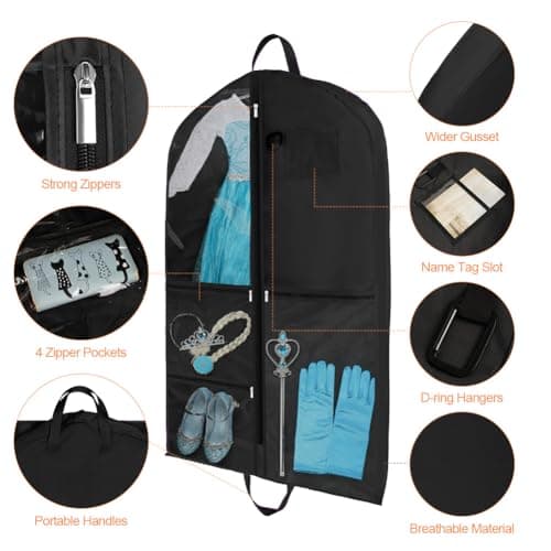 OSDUE Clothes Covers, 40 inch WaterproofHanging Garment Bags with 5 Zipper Pocket and ID Slot Pockets Foldable Kids Dance Costume Garment Bag Travel Storage Bag for Dancers Travel Competitions (Black) — view 3