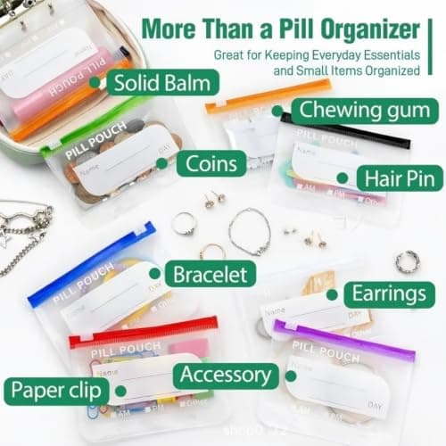 A8 Waterproof Pill Organizer Set with 14 Color-Pill Pouches,Reusable Waterproof Pi/ll Pouches,Large Weekly Travel M/edicine O/rganizer,Portable Zippered Travel Medicine O/rganizer for Fish Oils#Green — view 3