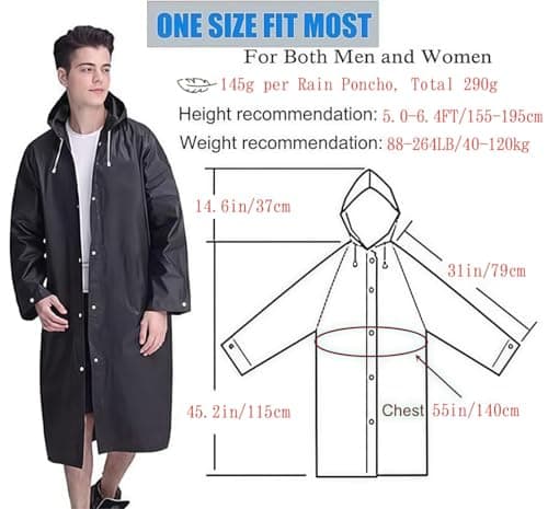 GUKOY Rain Ponchos Raincoats for Adults, 100% Waterproof Reusable [2 Pack] Rain Cape Emergency for Women Men with Hood and Drawstring Black — view 3