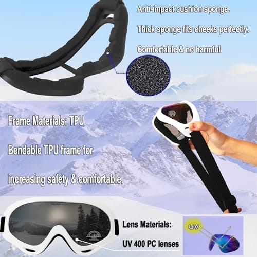OUTDOORSPARTA 2-Pack Ski Goggles Snow Sports Goggles Snowboarding Goggles Motocycle Glasses for Men Women Youth Kids Boys Girls (9. White Frame, Silver Lens; Pink Frame, Silver Lens) — view 5