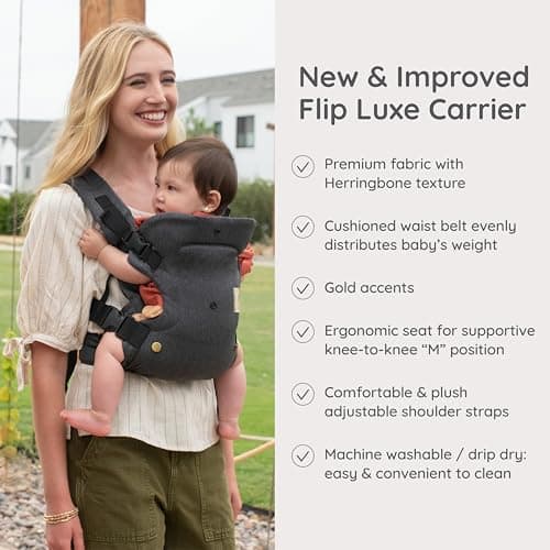 Infantino Flip Luxe 4-in-1 Convertible Baby Carrier, Ergonomic Infant to Toddler Carrier, Updated Lumbar Support, Premium Herringbone Fabric, Elevated Accents, Hands-Free Comfort, 3,2-16 kg, Onyx — view 5