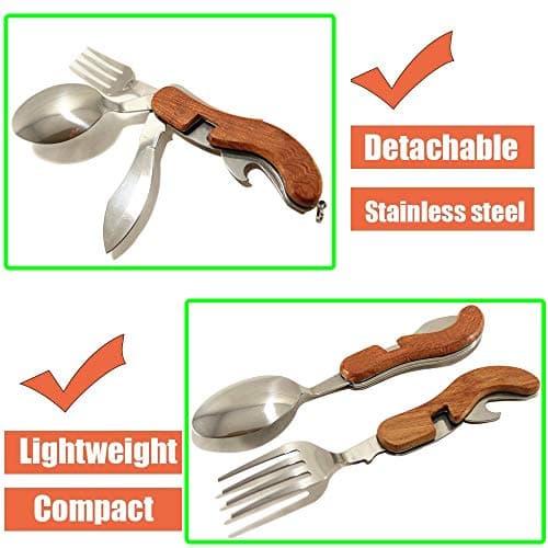 4-in-1 Camping Tableware Utensils, Portable & Detachable Stainless Steel Spoon Fork Knife & Bottle Opener Combo Set - Travel, Backpacking Cutlery Multitool — view 3