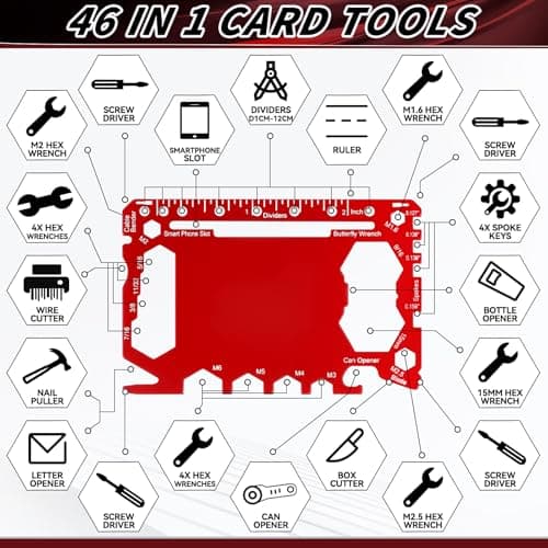 Cholemy 12 Pcs Credit Card Wallet Multitool 46 in 1 Metal Stainless Steel Survival Pocket Tool Bottle Opener MultiPurpose for Husband Boyfriend Adults Men (Black,Red,Gold) — view 3