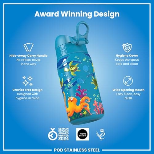 Ion8 Vacuum Insulated Steel Water Bottle, 320 ml/11 oz, Leak Proof, Easy to Open, Secure Lock, Dishwasher Safe, Carry Handle, Metal Water Bottle, ThermoShield Stainless Steel, Sea Turtle — view 6