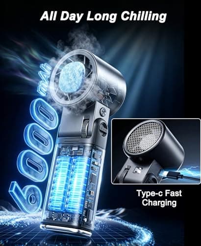 Portable Handheld Fan with Cooling Plate & Flashlight, Metal Shell Personal Neck Desk AC Fan Foldable, 6000mAh Rechargeable, 1-199 Speeds, 14000RPM Turbo Airflow for Outdoor Travel Beach Office — view 5