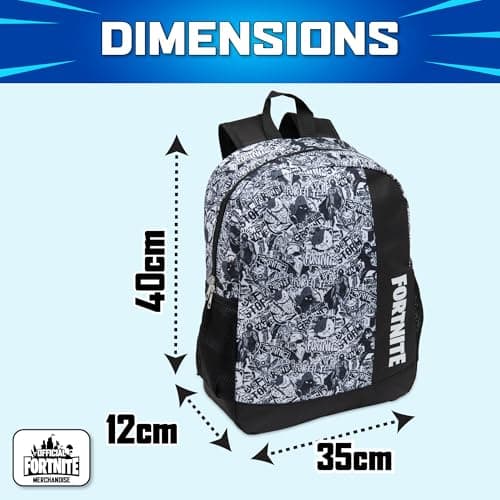 Fortnite Kids Backpack – Black & White Graffiti School Rucksack with Bottle Holders – Official Licensed, 42 x 32 x 12 cm — view 2