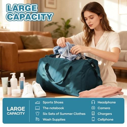HYC00 Gym Bag Womens Mens Small Sports Duffle Bags with Shoes Compartment & Wet Pocket Weekend Travel Duffel Bags for Women Carry on Overnight Bag Hospital Holdall for Swimming Yoga, Peacock Blue — view 5