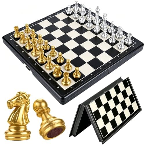 Funver Magnetic Travel Chess Set with Folding Board Gold and Silver Pieces