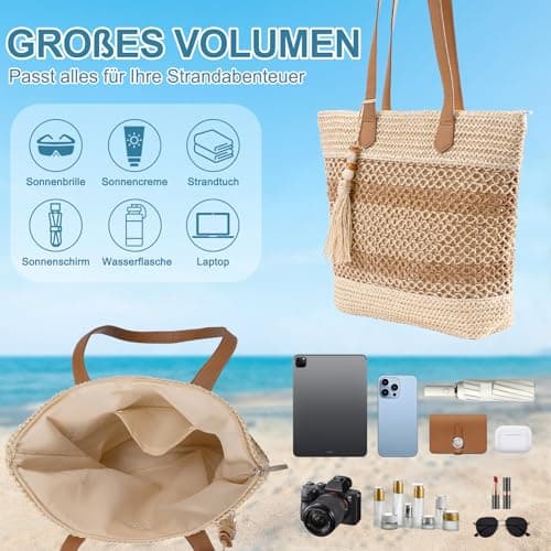 CorkAllin Straw Beach Tote Bag Women - 2026 Handwoven Straw Handbag with Zipper, Summer Purse Perfect for Vacation Travel Pool — view 4