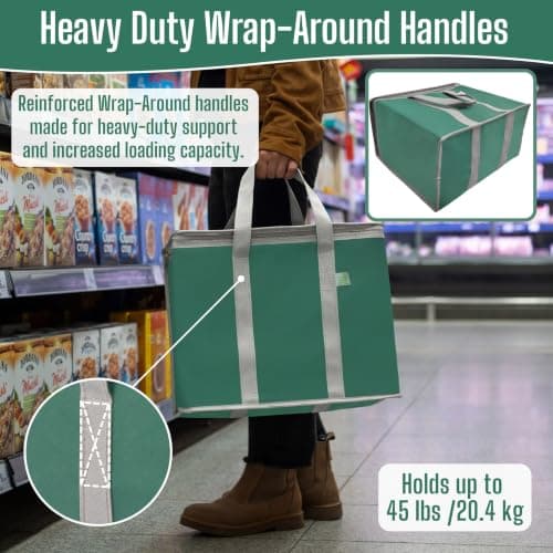 VENO 2Pcs Reusable Cooler Bag, Large Cooler Bag with Lid, Durable Handles, Double Zippers, Stand-up Shopping Bag, Foldable Lunch Bag, Picnic Bags (Dark Green, 2PCS) — view 4